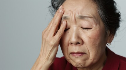 An elderly woman with closed eyes pressing her hands against her forehead showing a deep frown and a sense of distress or worry.