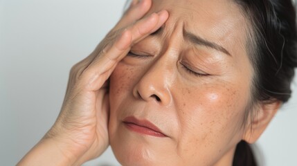 A woman with closed eyes pressing her hand against her forehead possibly in a state of distress or deep thought.