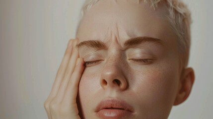 A close-up of a person with short hair pressing their hands against their closed eyes conveying a sense of distress or deep thought.