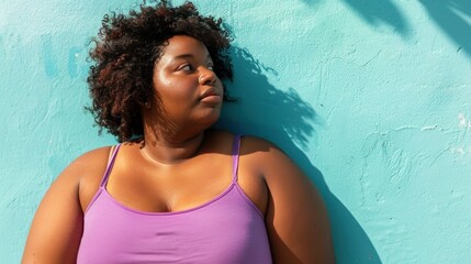 A woman with curly hair wearing a purple tank top leaning against a light blue wall with a thoughtful expression.