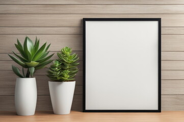 Minimalist Setup with Blank Poster Frame and Green Succulents