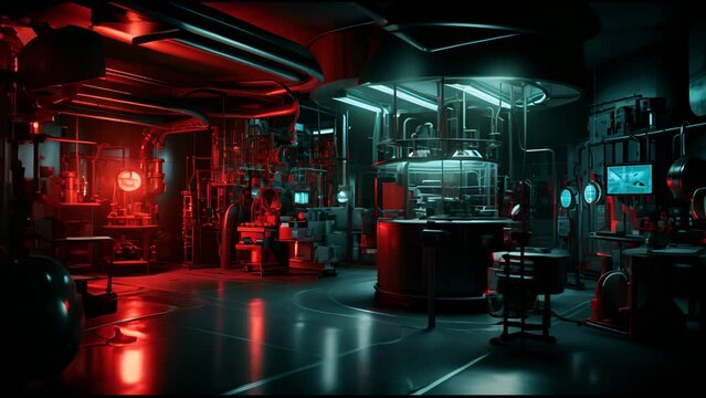 Ai-generated video of vintage laboratory. Lab with different science equipment. Neon lights.