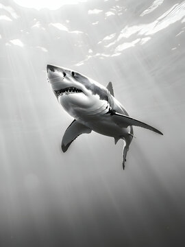 black and white photo of marina animals, great white shark swimming 