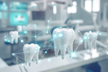 Futuristic Dental Technology Concept in Modern Clinic, A visualization of advanced digital dentistry with network graphics overlaying a clinic interior