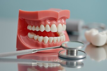 Fototapeta na wymiar Dental education tools featuring a model of human teeth and a dentist's mirror and probe