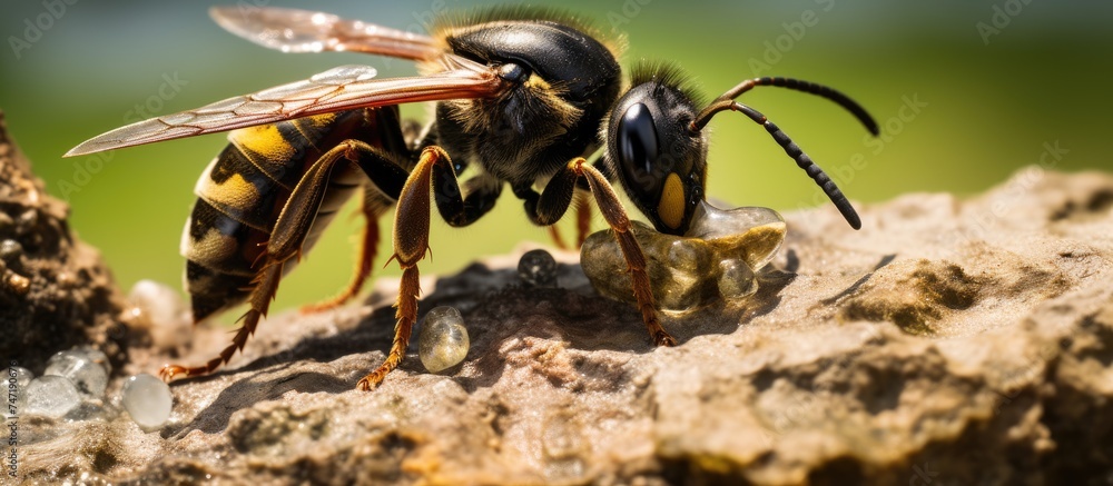Poster a close-up view of a bee perched on a rock, feasting on nectar. the bee is busy collecting pollen, s