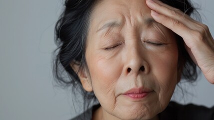 An elderly woman with closed eyes resting her hand on her forehead possibly in a state of relaxation or contemplation.