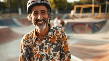 Smiling man with gray beard and mustache wearing colorful floral shirt and helmet standing at skate park. - Powered by Adobe