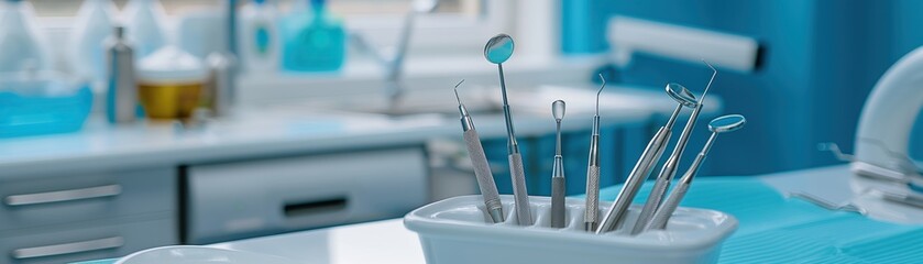 Various dental instruments organized in a holder on a dentist's tray in a professional clinic
