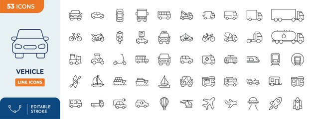 Vehicle icon set. Containing car, bike, plane, train, bicycle, motorbike, bus, scooter,  and more. Outline Icon Collection. Vector illustration. Editable stroke  © Cetacons