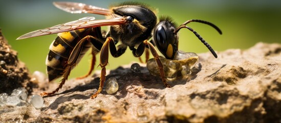 A close-up view of a bee perched on a rock, feasting on nectar. The bee is busy collecting pollen, showcasing its important role in the ecosystem. The shallow depth of field highlights the intricate