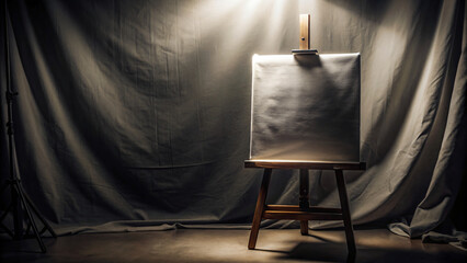 Spotlight illuminating a blank wooden easel in a studio - obrazy, fototapety, plakaty