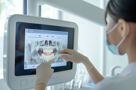 A dentist is analyzing a patient's teeth using a digital X-ray displayed on an interactive touch screen