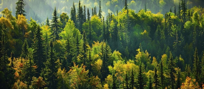 Aerial view of green forest of old spruce, fir and pine trees nature landscape. AI generated image