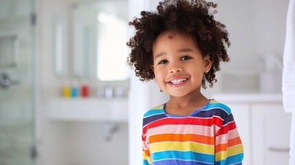 Young girl with curly hair smiling wearing a colorful striped shirt standing in a bathroom with a white sink and mirror in the background.