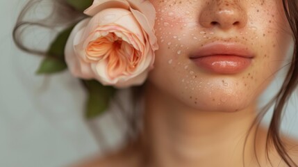 Fototapeta premium A close-up of a woman's face with rose petals and dewdrops highlighting her soft skin and lips.