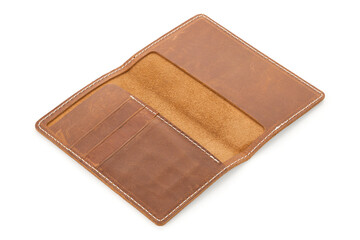 Handmade products made of genuine brown leather. Leather passport cover, leather wallet. Leather goods for men. Leather passport cover isolated on white background. Craft, handmade.