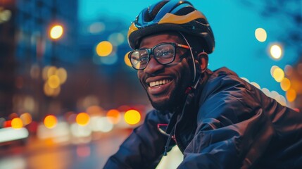 A man with a helmet and glasses smiling at the camera riding a bicycle on a city street at night with blurred lights in the background. - obrazy, fototapety, plakaty