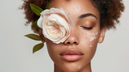A close-up of a person with closed eyes adorned with a single white rose and a subtle natural makeup look featuring dewy skin and a hint of rose- colored blush. - obrazy, fototapety, plakaty