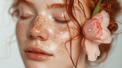 A close-up of a woman's face with closed eyes freckles and a single pink rose petal resting on her cheek with a soft ethereal aesthetic.