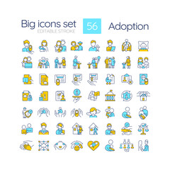 Adoption RGB color icons set. Child custody. Legal process of becoming parents. Happy family. Isolated vector illustrations. Simple filled line drawings collection. Editable stroke