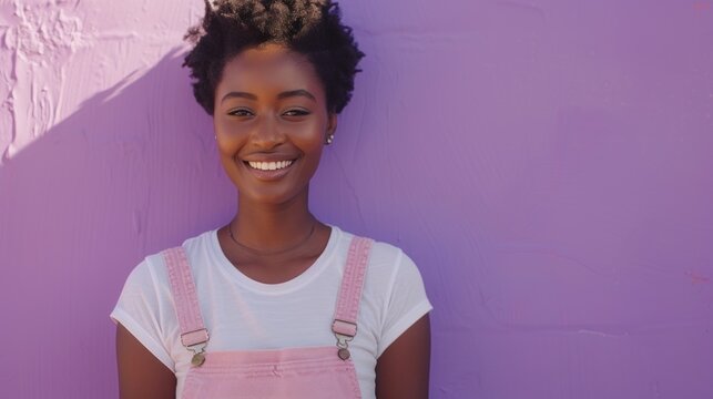 A cheerful young woman with short curly hair wearing a white t-shirt and pink suspenders smiling against a vibrant purple wall.