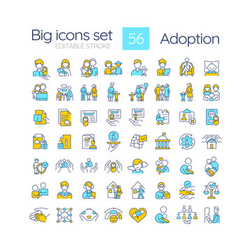 Adoption RGB color icons set. Child custody. Legal process of becoming parents. Happy family. Isolated vector illustrations. Simple filled line drawings collection. Editable stroke