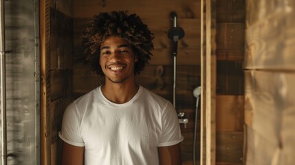 Smiling man with curly hair wearing a white t-shirt standing in a rustic wooden room with a shower head in the background.