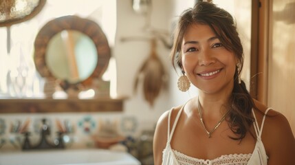 A woman with a radiant smile wearing a white top standing in a bathroom with a wooden vanity and a mirror adorned with a feather decoration.