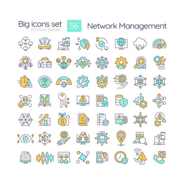 Network management RGB color icons set. System architecture, digital administration. Performance monitoring. Isolated vector illustrations. Simple filled line drawings collection. Editable stroke
