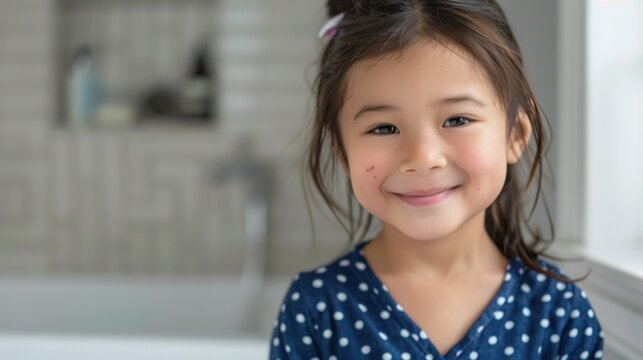 Young girl with a big smile wearing a polka dot shirt standing in a bathroom with a window in the background.