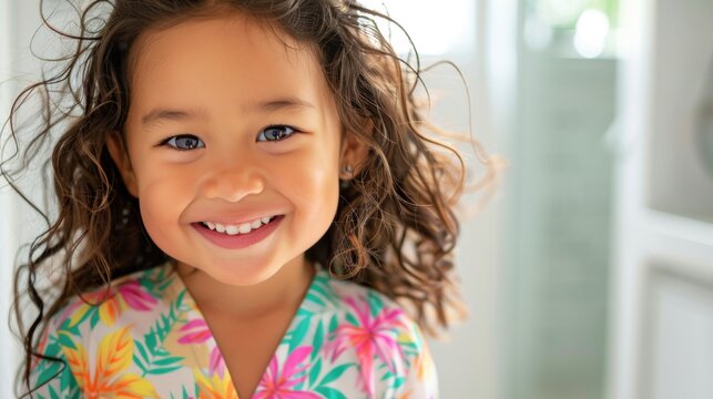 A young girl with curly hair smiling brightly at the camera wearing a colorful floral top.