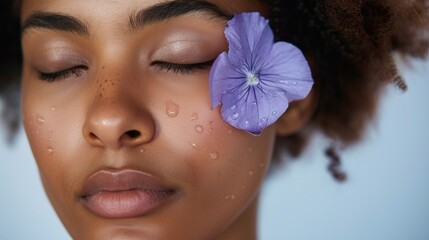 A close-up of a person with closed eyes a serene expression and a single purple flower resting on their eyelid with a few droplets of water on their cheeks set against a soft blue background. - 747191439