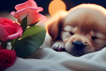 Fototapeta na wymiar Sleeping puppy with rose (Generative AI)