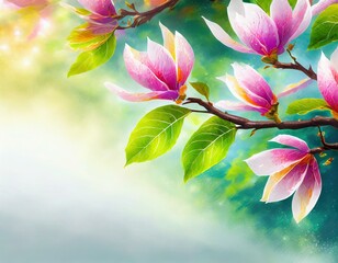  Kwitnące gałązki magnolii na białym tle. Wiosenne tło z miejscem na tekst - obrazy, fototapety, plakaty
