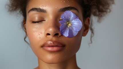 A woman with closed eyes dewy skin and a single purple flower resting on her eyelid evoking a sense of tranquility and natural beauty. - obrazy, fototapety, plakaty