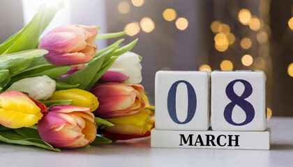 Bukiet tulipanów i kartka z kalendarza z dniem 8 marca. Dzień Kobiet
