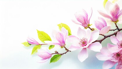  Kwitnące gałązki magnolii na białym tle. Wiosenne tło z miejscem na tekst