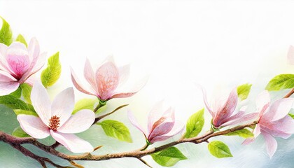 Fototapeta na wymiar Blooming magnolia branches on a white background. Spring background with space for text