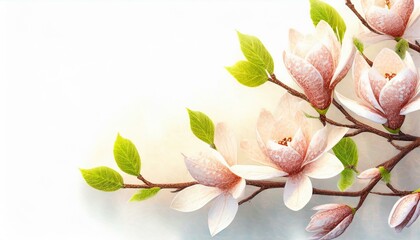 Blooming magnolia branches on a white background. Spring background with space for text