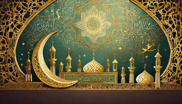 an eye-catching Eid Al-Fitr background banner embellished with intricate Taqiyah and Tasbeeh designs, framing the scene with cultural elegance and offering space for personalized messages