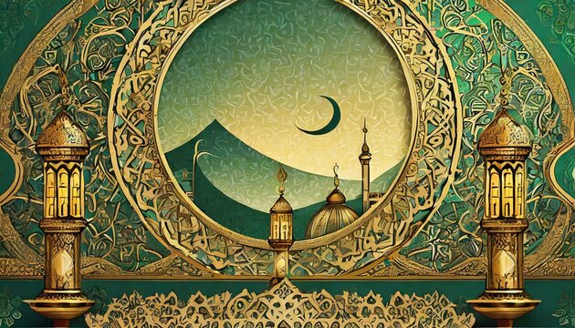 an eye-catching Eid Al-Fitr background banner embellished with intricate Taqiyah and Tasbeeh designs, framing the scene with cultural elegance and offering space for personalized messages