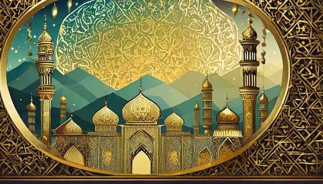 an eye-catching Eid Al-Fitr background banner embellished with intricate Taqiyah and Tasbeeh designs, framing the scene with cultural elegance and offering space for personalized messages