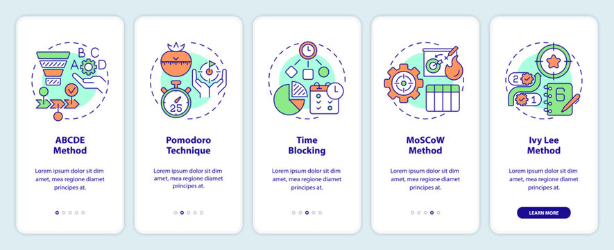 Prioritization techniques onboarding mobile app screen. Walkthrough 5 steps editable graphic instructions with linear concepts. UI, UX, GUI template. Myriad Pro-Bold, Regular fonts used