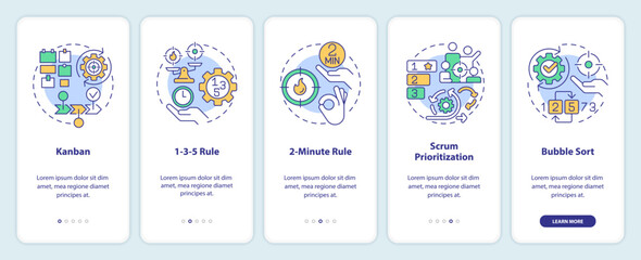 Prioritization tools onboarding mobile app screen. Time management. Walkthrough 5 steps editable graphic instructions with linear concepts. UI, UX, GUI template. Myriad Pro-Bold, Regular fonts used