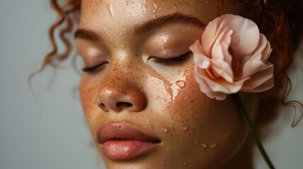 A close-up of a woman's face with closed eyes freckles and water droplets on her skin adorned with a pink rose.