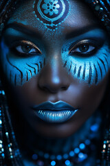 Mode und Hoher Kontrast, Gesicht einer afrikanischen Frau, gletscherblaue Augen, schillerndes, starkes Make-up, Wimpern, fraktale Muster, sorgfältige Details, dramatische Beleuchtung - obrazy, fototapety, plakaty