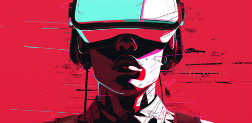 A comic book woman in virtual glasses on a red background