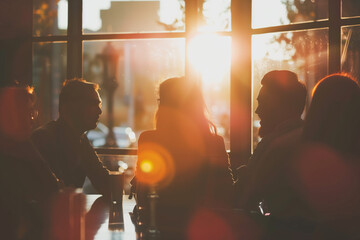 A group of friends is sitting in a cafe at sunset