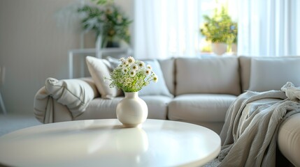 White vase filled with bouquet of blooming white flowers with green stems on a table. Cozy living room in the background. Home decor, real estate interiors, comfort, aesthetics.